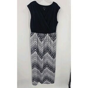 AB STUDIO Maxi Dress Women 14 Sleeveless Navy + White Geometric Pullover Stretch